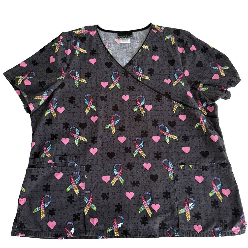 Cherokee Women's 2XL Scrub Top Autism Awareness Puzzle Pieces Rainbow Medical